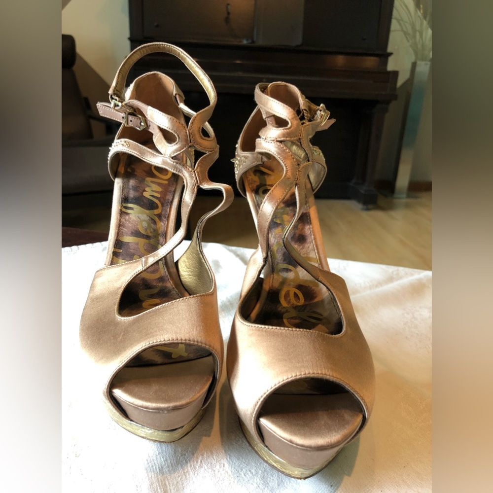 Sam Edelman “Pryce” Champagne Satin Spiked Platform Stilettos - Size 10